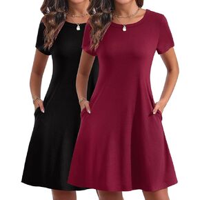 2 Pack Women T Shirt Dresses Summer Casual Short Sleeve Dress Loose Fit Plain Swing Lounge Tunic Dress with Pocket