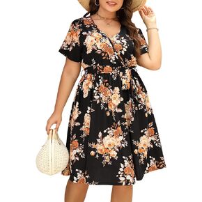 Nemidor Womens Casual Plus Size Summer Boho Swing Wrap Dress Floral Print with Pockets NEM295