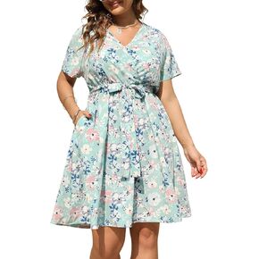 Nemidor Womens Casual Plus Size Summer Boho Swing Wrap Dress Floral Print with Pockets NEM295