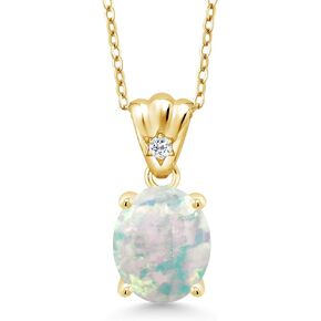 Gem Stone King 2.04 Ct Oval Cabochon White Simulated Opal White Topaz 18K Yellow Gold Plated Silver Pendant