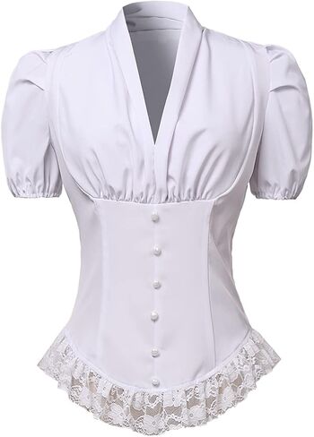 Womens Victorian Corset Tops Shirts Gothic Steampunk Lace Up Blouse in Saudi Arabia