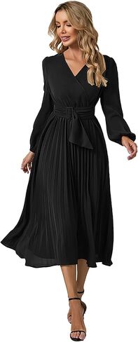 فستان كاجوال متوسط الطول بقبة V واكمام طويلة بكسرات وخصر مرتفع للنساء من سدير in Kuwait