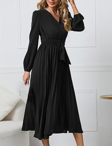 فستان كاجوال متوسط الطول بقبة V واكمام طويلة بكسرات وخصر مرتفع للنساء من سدير in Kuwait