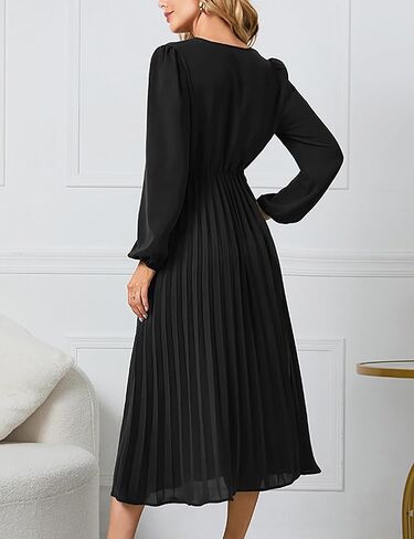 فستان كاجوال متوسط الطول بقبة V واكمام طويلة بكسرات وخصر مرتفع للنساء من سدير in Kuwait