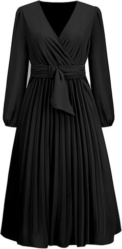 فستان كاجوال متوسط الطول بقبة V واكمام طويلة بكسرات وخصر مرتفع للنساء من سدير in Kuwait