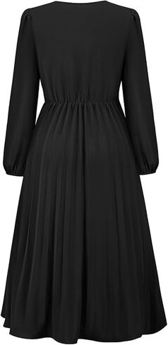 فستان كاجوال متوسط الطول بقبة V واكمام طويلة بكسرات وخصر مرتفع للنساء من سدير in Kuwait