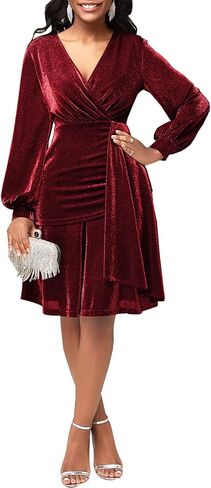 Sexy Sparkly Bodycon Dress for Women - Long Sleeve Deep V Neck Ruched Sequin Casual Club Midi Pencil Dresses in Saudi Arabia