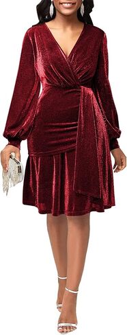 Sexy Sparkly Bodycon Dress for Women - Long Sleeve Deep V Neck Ruched Sequin Casual Club Midi Pencil Dresses in Saudi Arabia
