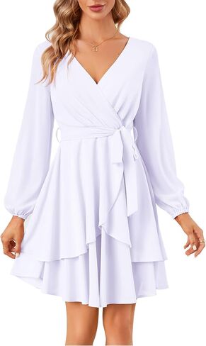 KOJOOIN Womens Skater Dresses Sexy V Neck Short Sleeve Tie Waist Solid Ruffle Boho Flowy Swing Mini Dress in Saudi Arabia