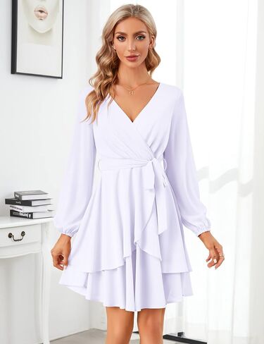 KOJOOIN Womens Skater Dresses Sexy V Neck Short Sleeve Tie Waist Solid Ruffle Boho Flowy Swing Mini Dress in Saudi Arabia