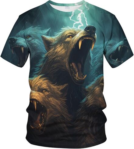 تي شيرت رجالي بطباعة ثلاثية الأبعاد على شكل حيوان كاجوال كلاسيكي برقبة دائرية على شكل ذئب in Kuwait