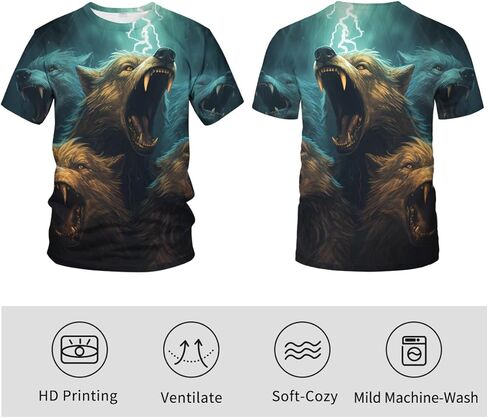 تي شيرت رجالي بطباعة ثلاثية الأبعاد على شكل حيوان كاجوال كلاسيكي برقبة دائرية على شكل ذئب in Kuwait