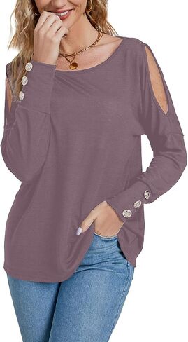 LYANER Women's Boat Neck Split Long Sleeve Cold Shoulder Casual Blouse Shirt Top in Saudi Arabia