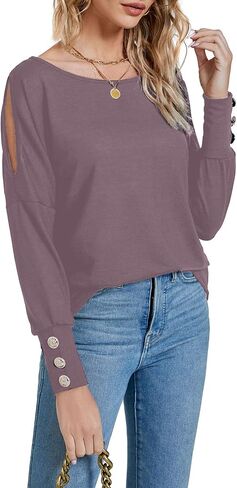 LYANER Women's Boat Neck Split Long Sleeve Cold Shoulder Casual Blouse Shirt Top in Saudi Arabia