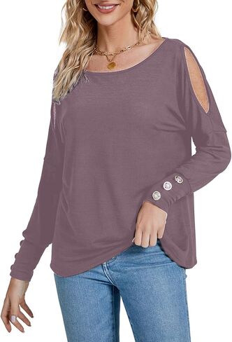 LYANER Women's Boat Neck Split Long Sleeve Cold Shoulder Casual Blouse Shirt Top in Saudi Arabia