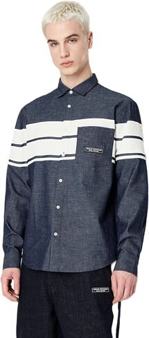 A｜X ARMANI EXCHANGE Men's Cotton Chambray Ls Shirt. Regular Fit. White Stripe Detail Front Pocket with Logo Patch in Saudi Arabia