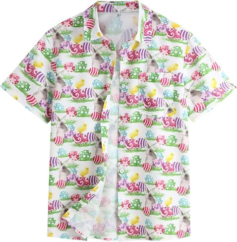 قمصان عيد الفصح هاواي للرجال لقضاء عطلة الربيع والصيف، قميص أرنب أرنب باتن كاجوال بأزرار لعيد الفصح in Kuwait