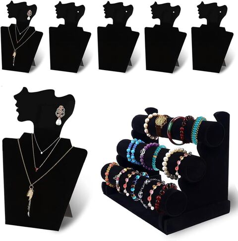 حامل عرض مجوهرات مخملي اسود مقاس 12.5 انش وحامل عرض الاساور من 3 طبقات، مجموعة منظم حامل الصدر لعرض المجوهرات والقلائد والسلاسل والاساور والساعات in Kuwait