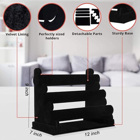 حامل عرض مجوهرات مخملي اسود مقاس 12.5 انش وحامل عرض الاساور من 3 طبقات، مجموعة منظم حامل الصدر لعرض المجوهرات والقلائد والسلاسل والاساور والساعات in Kuwait