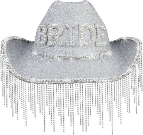 MGupzao White Bride Cowboy Rhinestone Hat with Fringes Design,Cowgirl Hat Costume Accessories for Women,Bride to be Gift,Cow Girl Tassel Hats Bachelorette Party Adjustable Neck Drawcord in Kuwait