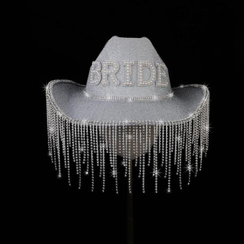 MGupzao White Bride Cowboy Rhinestone Hat with Fringes Design,Cowgirl Hat Costume Accessories for Women,Bride to be Gift,Cow Girl Tassel Hats Bachelorette Party Adjustable Neck Drawcord in Kuwait