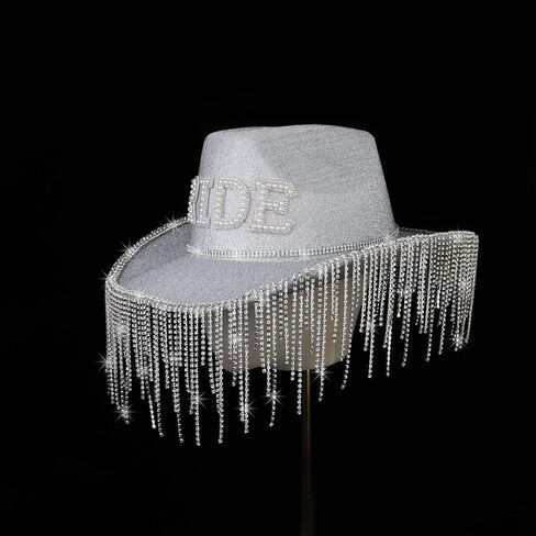 MGupzao White Bride Cowboy Rhinestone Hat with Fringes Design,Cowgirl Hat Costume Accessories for Women,Bride to be Gift,Cow Girl Tassel Hats Bachelorette Party Adjustable Neck Drawcord in Kuwait