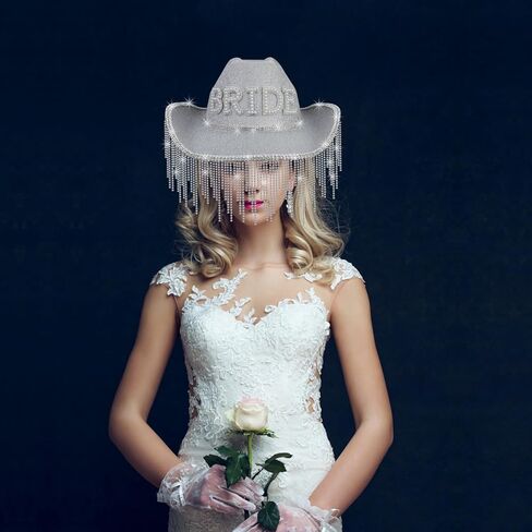 MGupzao White Bride Cowboy Rhinestone Hat with Fringes Design,Cowgirl Hat Costume Accessories for Women,Bride to be Gift,Cow Girl Tassel Hats Bachelorette Party Adjustable Neck Drawcord in Kuwait