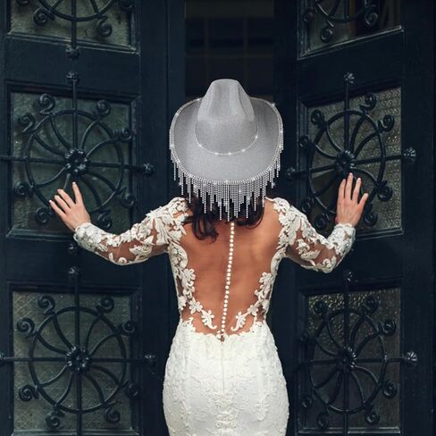 MGupzao White Bride Cowboy Rhinestone Hat with Fringes Design,Cowgirl Hat Costume Accessories for Women,Bride to be Gift,Cow Girl Tassel Hats Bachelorette Party Adjustable Neck Drawcord in Kuwait