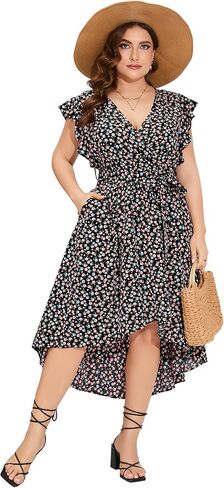 فستان صيفي نسائي مقاس كبير من ShopWonder مع قبعة مكشكشة بدون أكمام ورقبة على شكل حرف V وفتحة جانبية طويلة للشاطئ in Kuwait