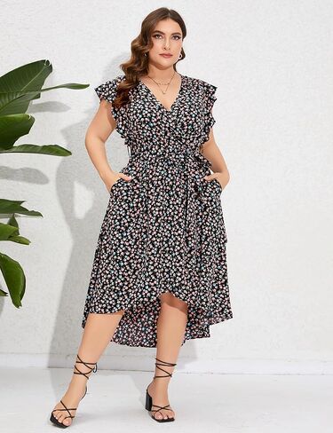 فستان صيفي نسائي مقاس كبير من ShopWonder مع قبعة مكشكشة بدون أكمام ورقبة على شكل حرف V وفتحة جانبية طويلة للشاطئ in Kuwait