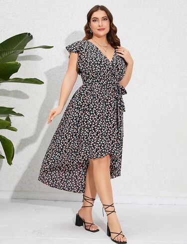 فستان صيفي نسائي مقاس كبير من ShopWonder مع قبعة مكشكشة بدون أكمام ورقبة على شكل حرف V وفتحة جانبية طويلة للشاطئ in Kuwait