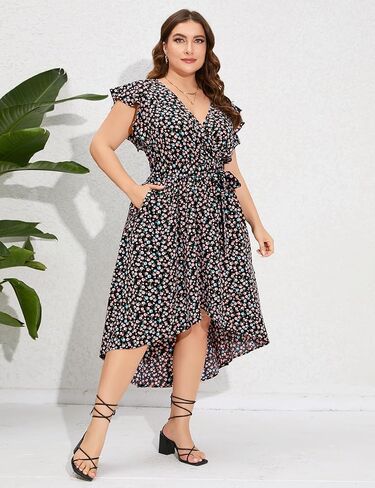 فستان صيفي نسائي مقاس كبير من ShopWonder مع قبعة مكشكشة بدون أكمام ورقبة على شكل حرف V وفتحة جانبية طويلة للشاطئ in Kuwait