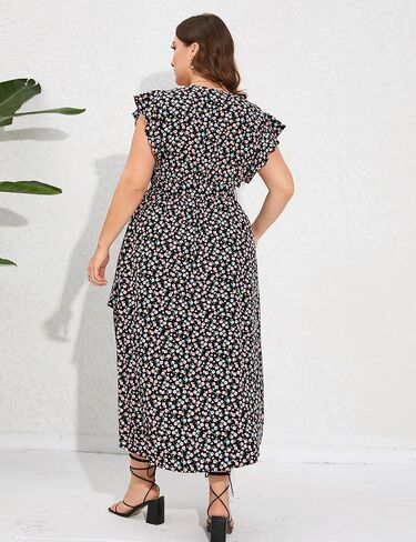 فستان صيفي نسائي مقاس كبير من ShopWonder مع قبعة مكشكشة بدون أكمام ورقبة على شكل حرف V وفتحة جانبية طويلة للشاطئ in Kuwait