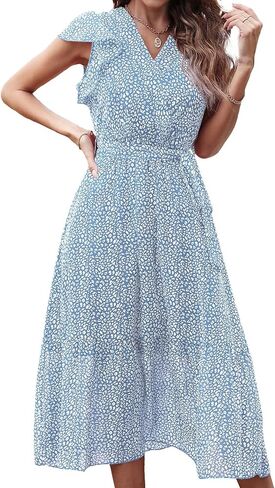 فستان Genhoo نسائي صيفي مطبوع عليه زهور ملفوف برقبة على شكل V وأكمام قصيرة وحاشية شاطئ مطوي S-2XL in Kuwait