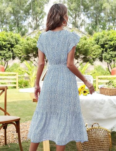 فستان Genhoo نسائي صيفي مطبوع عليه زهور ملفوف برقبة على شكل V وأكمام قصيرة وحاشية شاطئ مطوي S-2XL in Kuwait