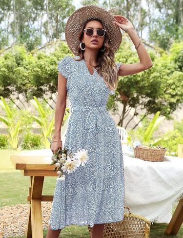 فستان Genhoo نسائي صيفي مطبوع عليه زهور ملفوف برقبة على شكل V وأكمام قصيرة وحاشية شاطئ مطوي S-2XL in Kuwait