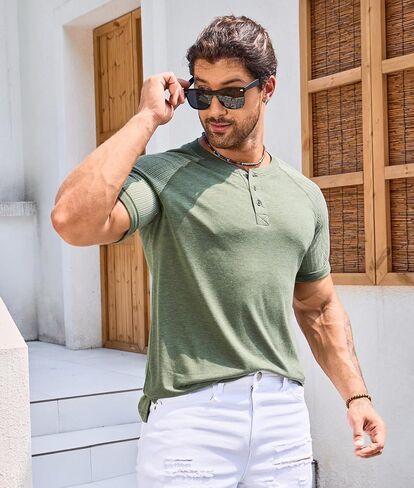 قمصان LONGBIDA الرجالية من Henley قمصان راجلان بأكمام قصيرة كاجوال وأزرار قطنية in Kuwait