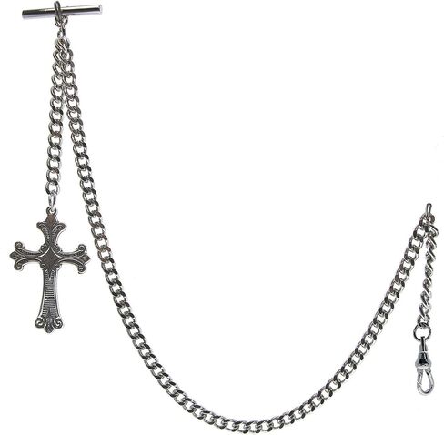 سلسلة ساعة جيب فضية من البرت بتصميم متقاطع ديني ومشبك دوار على شكل حرف T AC114A, لون فضي in Kuwait