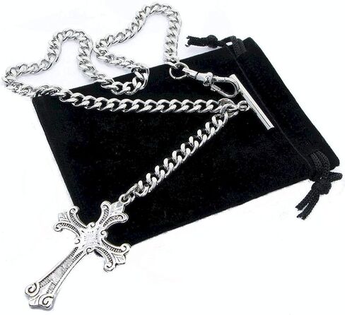 سلسلة ساعة جيب فضية من البرت بتصميم متقاطع ديني ومشبك دوار على شكل حرف T AC114A, لون فضي in Kuwait