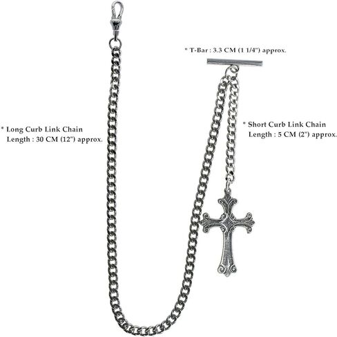 سلسلة ساعة جيب فضية من البرت بتصميم متقاطع ديني ومشبك دوار على شكل حرف T AC114A, لون فضي in Kuwait