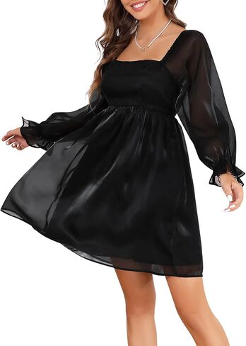 KOJOOIN Womens Puff Sleeve Square Neck Puffy Dress Babydoll Mesh Mini Dress in Saudi Arabia