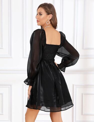 KOJOOIN Womens Puff Sleeve Square Neck Puffy Dress Babydoll Mesh Mini Dress in Saudi Arabia