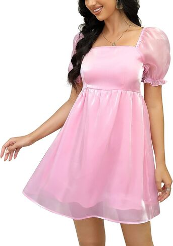 KOJOOIN Womens Puff Sleeve Square Neck Puffy Dress Babydoll Mesh Mini Dress in Saudi Arabia