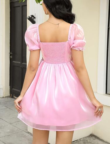 KOJOOIN Womens Puff Sleeve Square Neck Puffy Dress Babydoll Mesh Mini Dress in Saudi Arabia