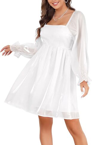 KOJOOIN Womens Puff Sleeve Square Neck Puffy Dress Babydoll Mesh Mini Dress in Saudi Arabia