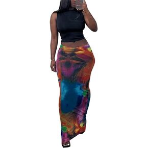 LROSEY Bodycon Painting Maxi Skirts for Women Fall Sexy Slim Tie Dye Ruched Low Waist Mermaid Long Skirt