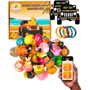 Jeep Ducks for Ducking Refill Kit- 75 Piece kit Including 25 Rubber Ducks, 25 Jeep Ducking Cards & 25 Rubber Bands Plus Official Duck Duck Jeep Mobile App - Happy Duckers
