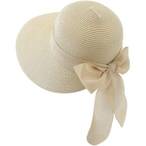 Womens Straw Sun Hat Wide Brim UV Protection Beach Hat Foldable Packable Bowknot Bucket Hat Visor Sun Hat Summer Outdoor Cap