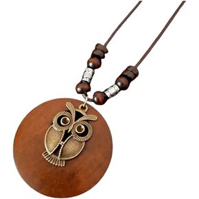 Vintage Wooden Pendant Sweather Necklace Boho Long Pendant Necklaces Feather Leaf Statement Long Rope Sweater Necklace Chain Pendant Necklace for Women