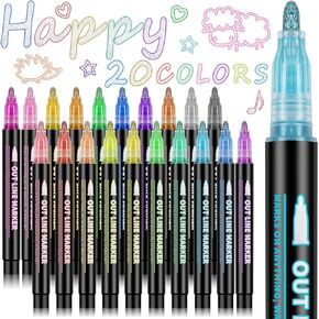 Labeol 20 Colors Glitter Markers for Kids Double Line Outline Pens Shimmer Metallic Markers Drawing Crafts Art Supplies Trendy Gift Idea for Girls Teens Christmas Birthday